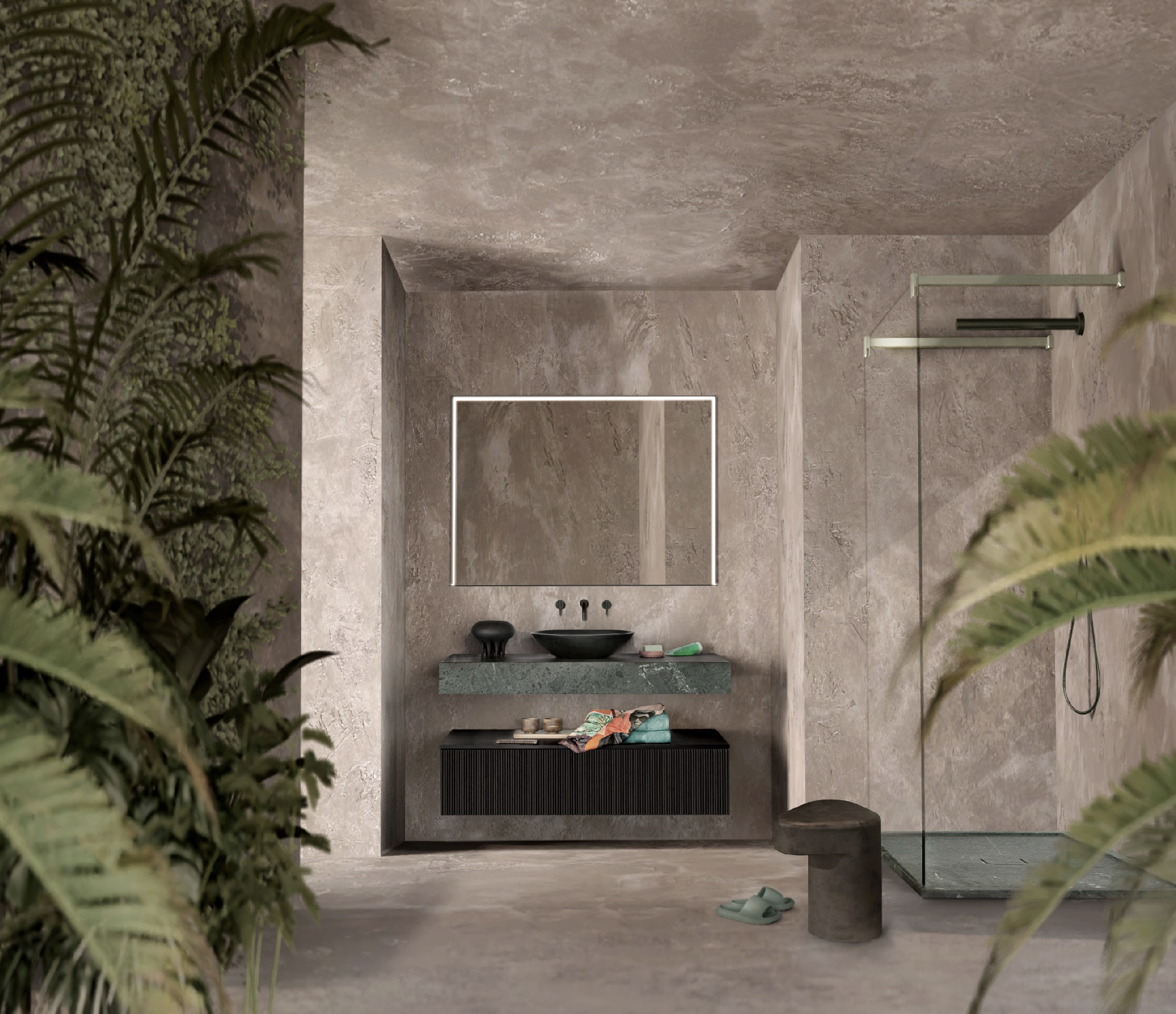 Detremmerie bathroom — Bolder stool beside ribbed vanity, ferns and travertine walls