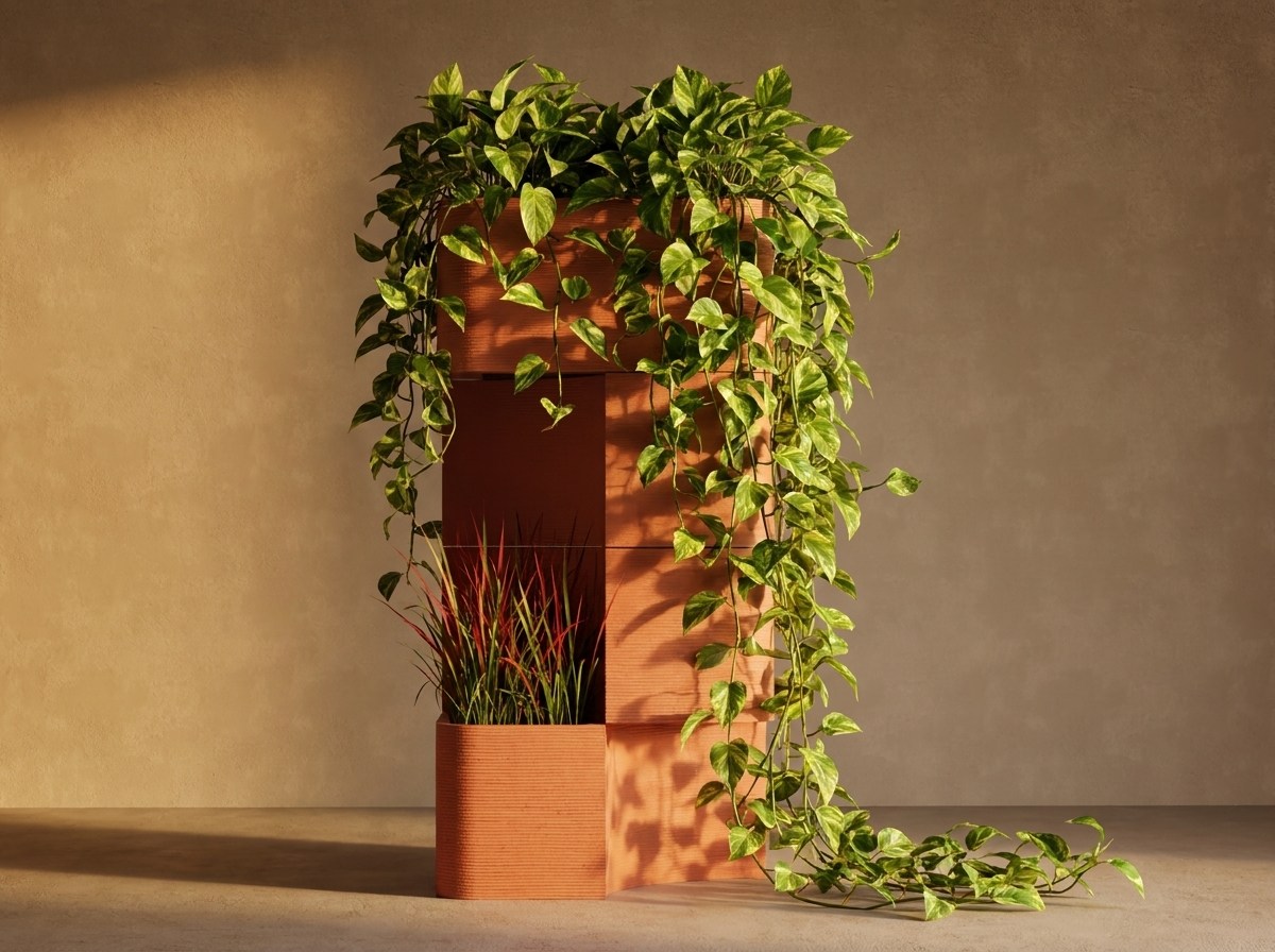 StrataR — terracotta stacked planter modules with trailing pothos and grasses