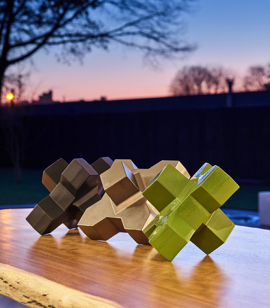 Cadzand trio at dusk — bronze, gold, lime glaze